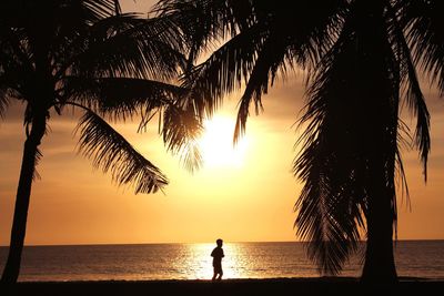 Silhouette person running on beach against cloudy sky at sunset