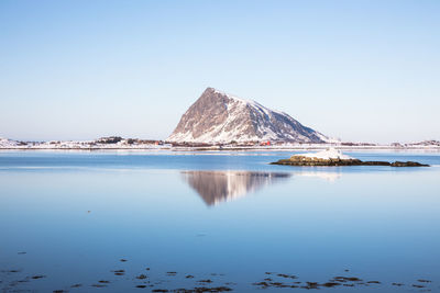 Scenic view of lake against clear blue sky