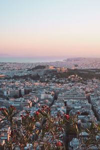 High angle view of townscape against sky at sunset