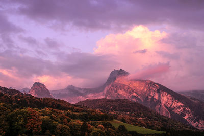 Scenic view of mountains against cloudy sky