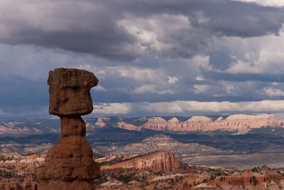 Rock formations on landscape against cloudy sky