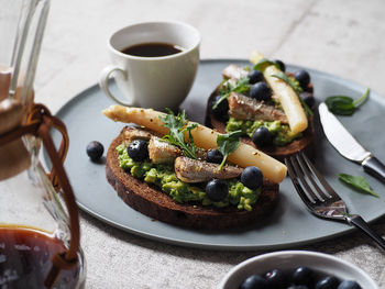 High angle view of breakfast served on table