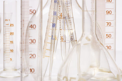 Close-up of empty beakers and flasks against white background