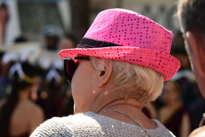 Rear view of woman in hat