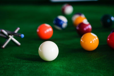 Close-up of multi colored balls on table