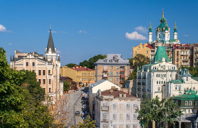 View of church in city against sky