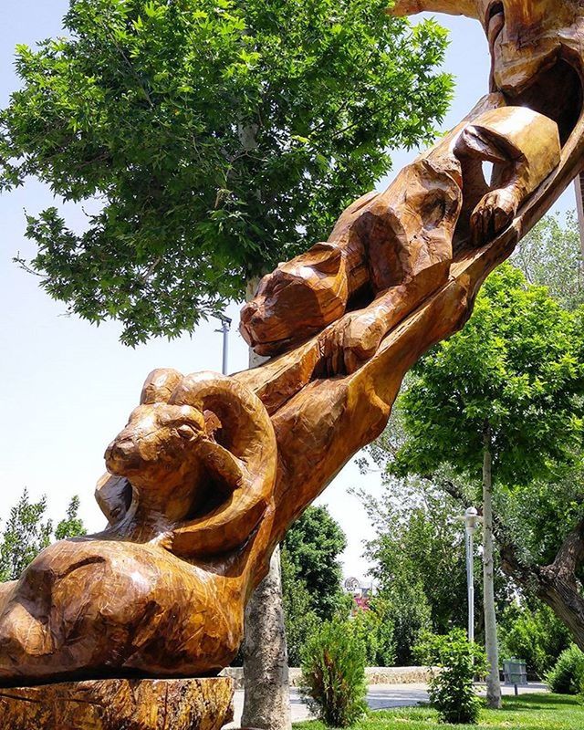 tree, sculpture, statue, art and craft, art, human representation, rock - object, creativity, sunlight, low angle view, nature, tree trunk, growth, day, tranquility, park - man made space, outdoors, clear sky, rock formation