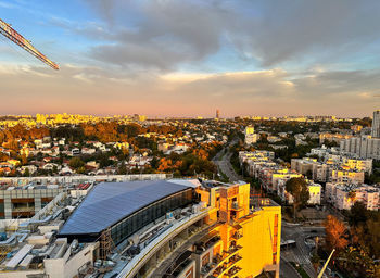 High angle view of townscape against sky during sunset