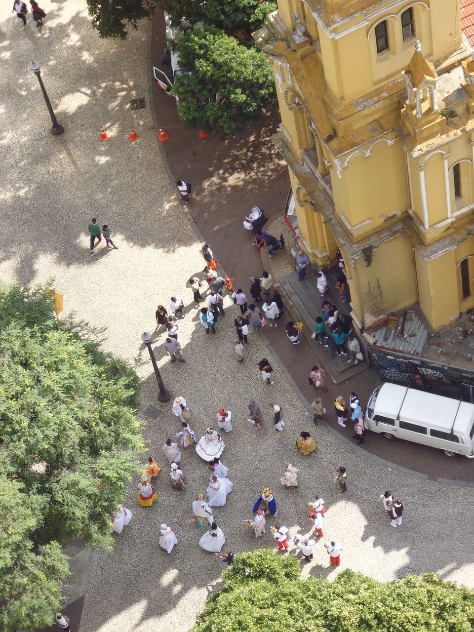 HIGH ANGLE VIEW OF PEOPLE WALKING ON ROAD