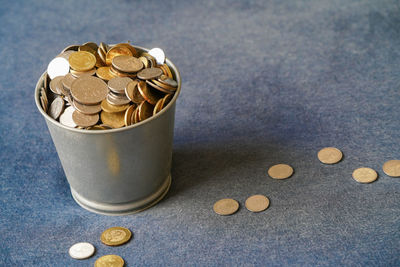 High angle view of coins