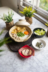 High angle view of meal served on table