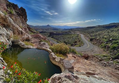 High angle view of river amidst mountains against sky