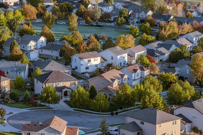 High angle view of houses and trees in town