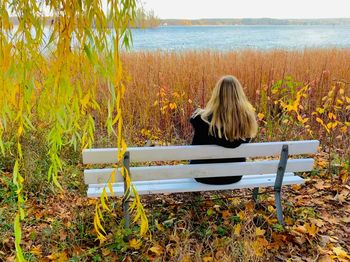 Rear view of woman sitting on bench amidst plants