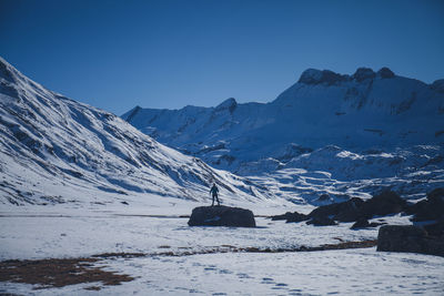 Scenic view of snowcapped mountains against clear sky