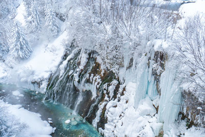 Panoramic shot of frozen waterfall