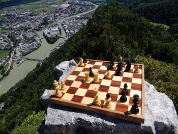 High angle view of buildings in town