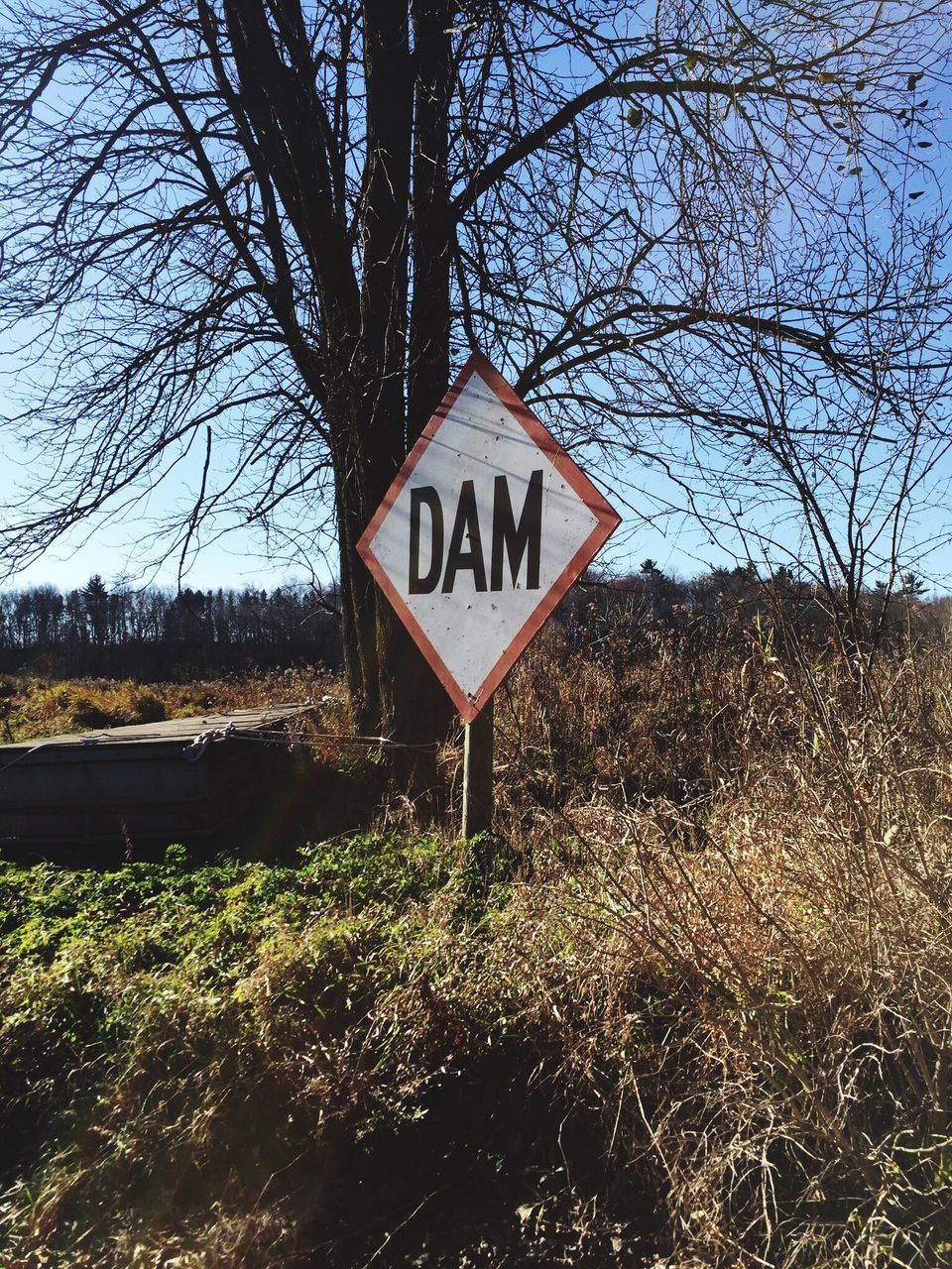 text, western script, communication, information sign, tree, sign, road sign, guidance, warning sign, information, capital letter, directional sign, sky, direction, grass, field, signboard, nature, landscape, no people