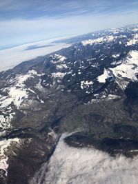 Aerial view of snowcapped mountains against sky