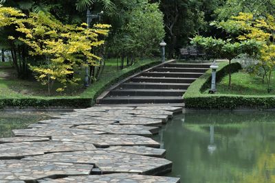 Footpath by lake in park