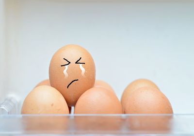 Close-up of eggs against white background