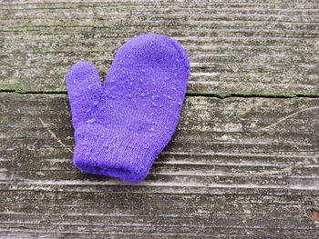 High angle view of lost purple woolen glove on boardwalk