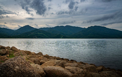 Scenic view of lake and mountains against sky