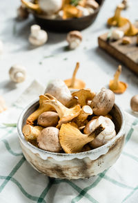 High angle view of bread in bowl on table