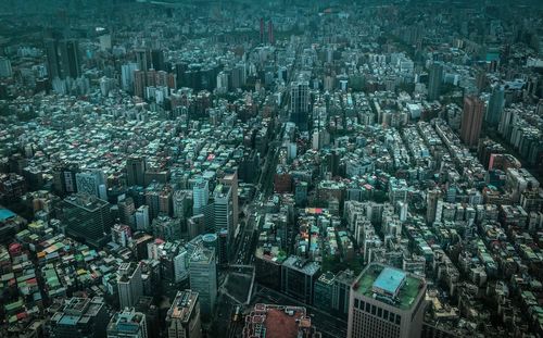 High angle view of modern buildings in city