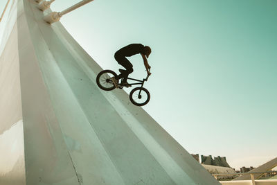 Low angle view of man with bicycle against sky