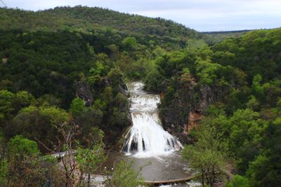 Scenic view of waterfall in forest against sky