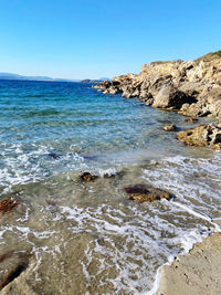 Scenic view of sea against clear blue sky