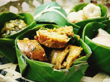 High angle view of seafood on leaves