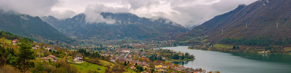 High angle view of townscape against mountains