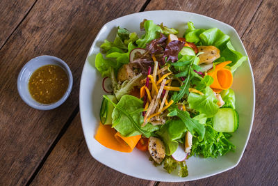 High angle view of salad in plate on table