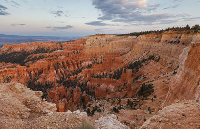 Scenic view of rock formations against cloudy sky