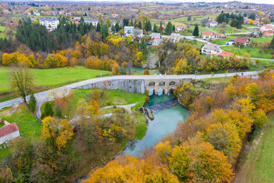 Aerial view of the bridge on the tounjcica river valley in autumn, croatia