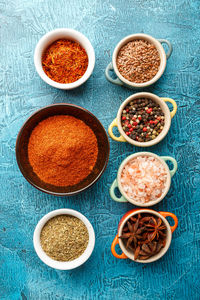 High angle view of various food on table