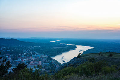 High angle view of townscape against sky during sunset