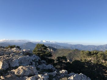 Scenic view of mountains against clear blue sky