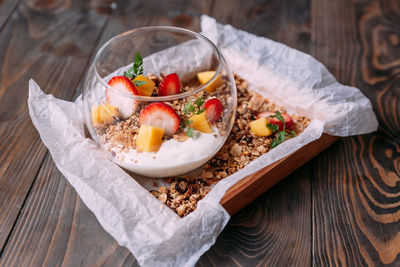 High angle view of fruits in bowl on table