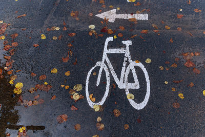 High angle view of bicycle sign on road