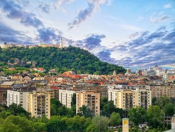 High angle view of buildings in town
