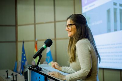 Young woman with microphone