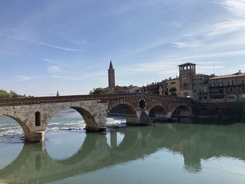 Arch bridge over river against buildings in city