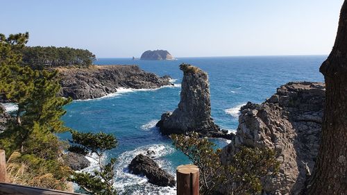 Panoramic view of sea against clear sky