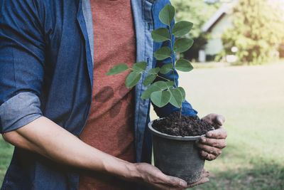 Close-up of man planting plant in park