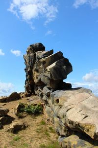 Low angle view of rock formations against blue sky