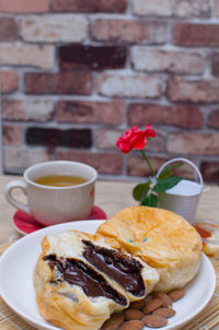 Close-up of breakfast served on table