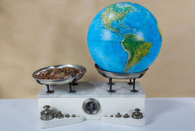 High angle view of blue container on table